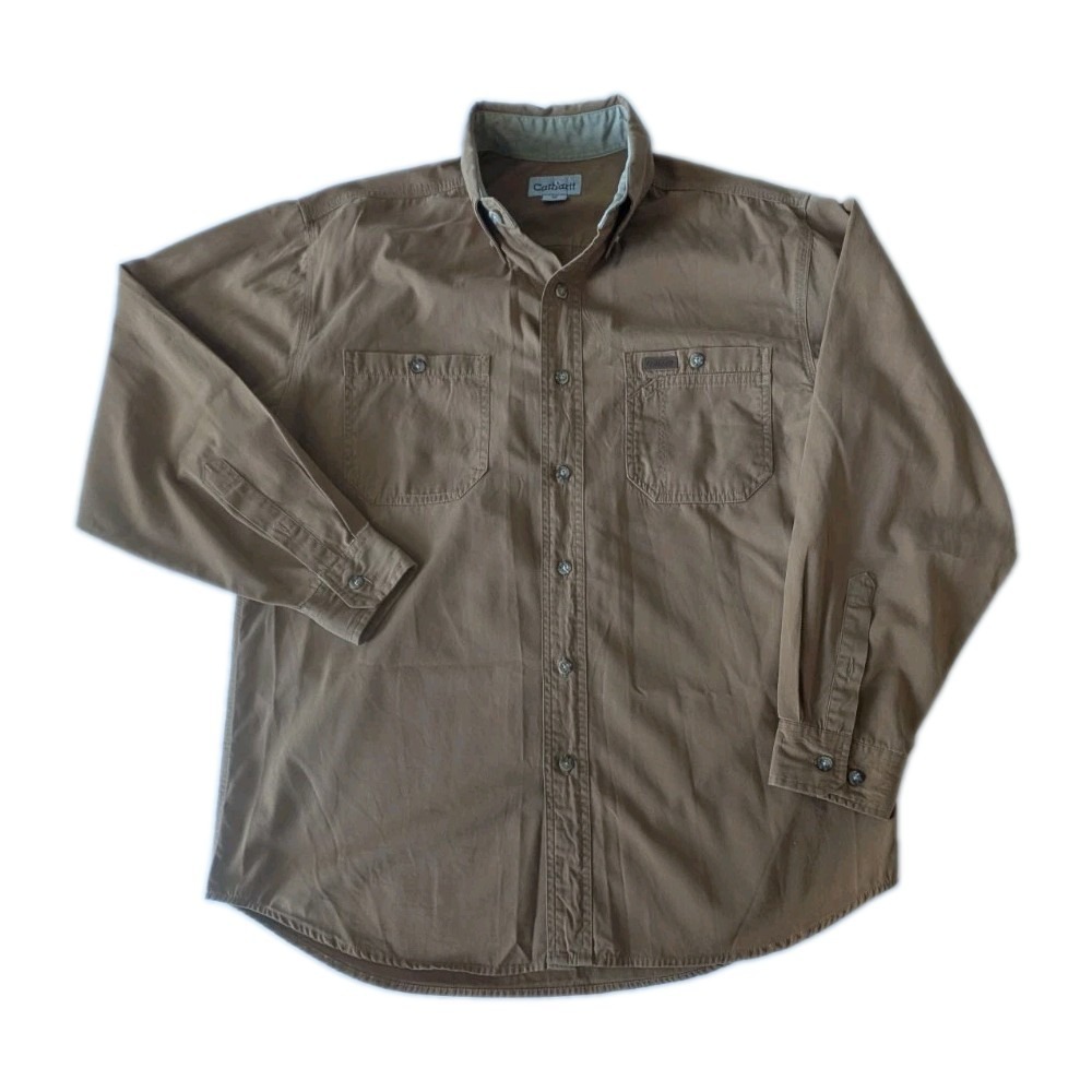 Carhartt Long Sleeve Button Up Shirt Mens Medium Brown S142BRN Canvas Workwear